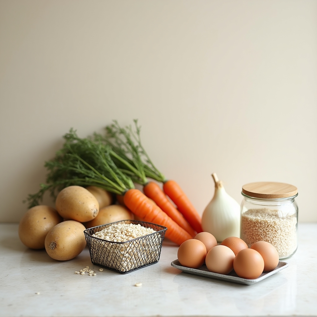 Ingrediente simple de bucătărie: cartofi, ceapă, morcovi, ouă pe o masă de lemn