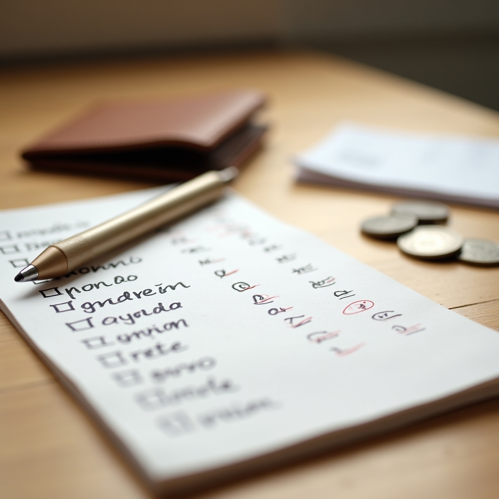 Listă de cumpărături scrisă de mână cu calcule de buget alimentar