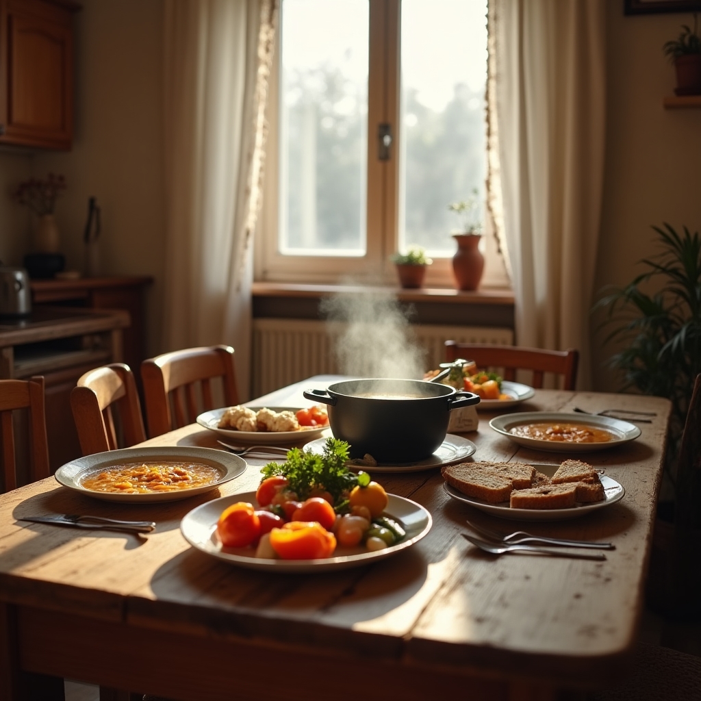 Masă de familie cu mâncare gătită acasă din ingrediente simple